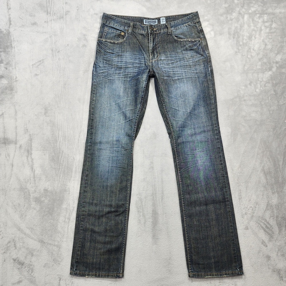 INC International Concepts Jeans Mens 34x34 Blue Distressed Straight Fit Denim